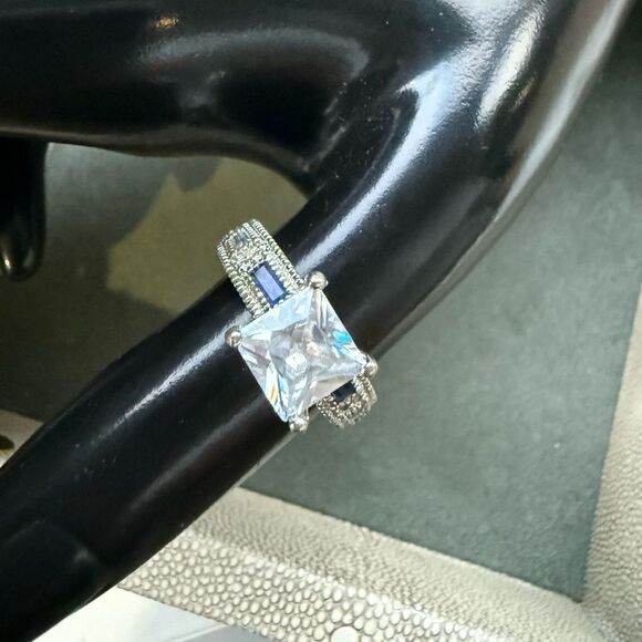 Large Princess Cut CZ Ring with Blue Accent Stones – Size 8 Bold Glam Look - Picture 7 of 17